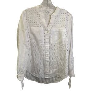 Crown & Ivy womens 100% linen shirt size XS white eyelet preppy gothic beachy